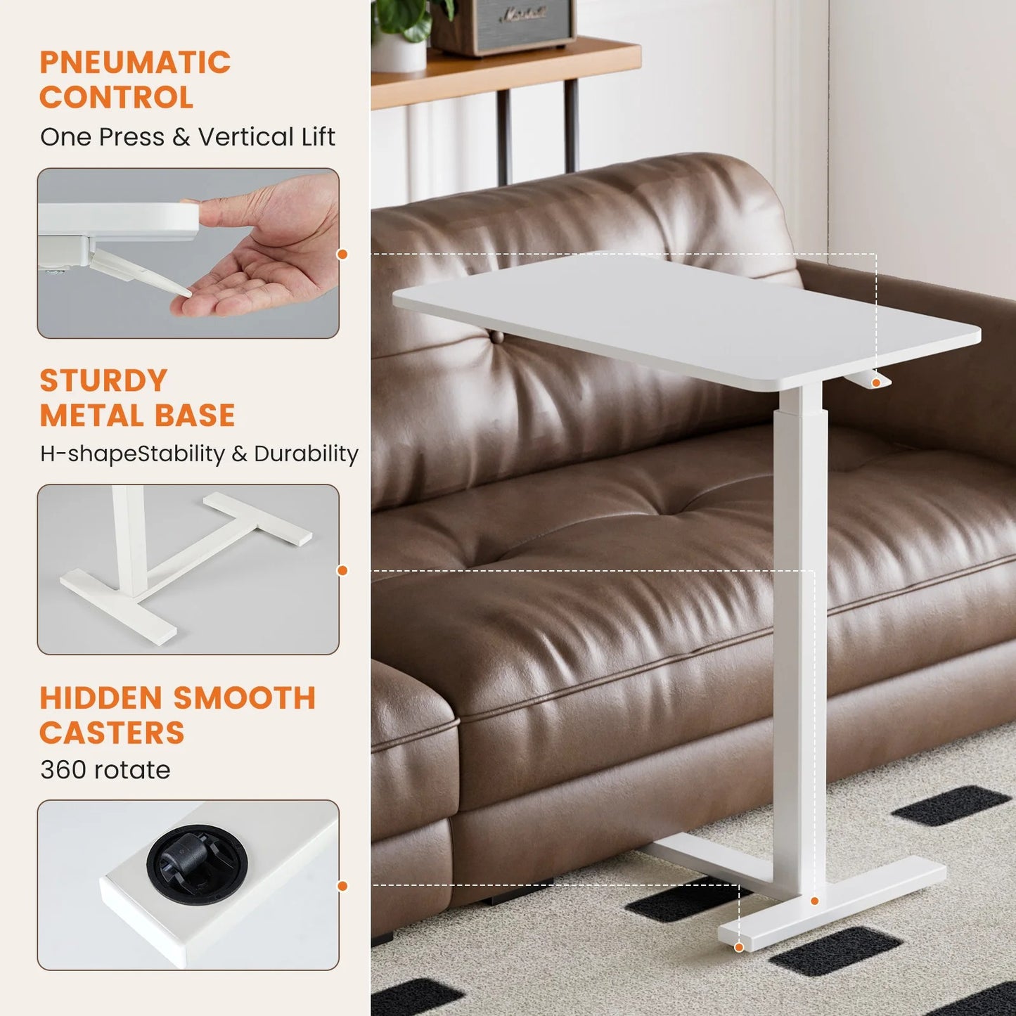 Adjustable Rolling Mobile Desk with Hidden Wheels for Home, Bedroom, and Sofa