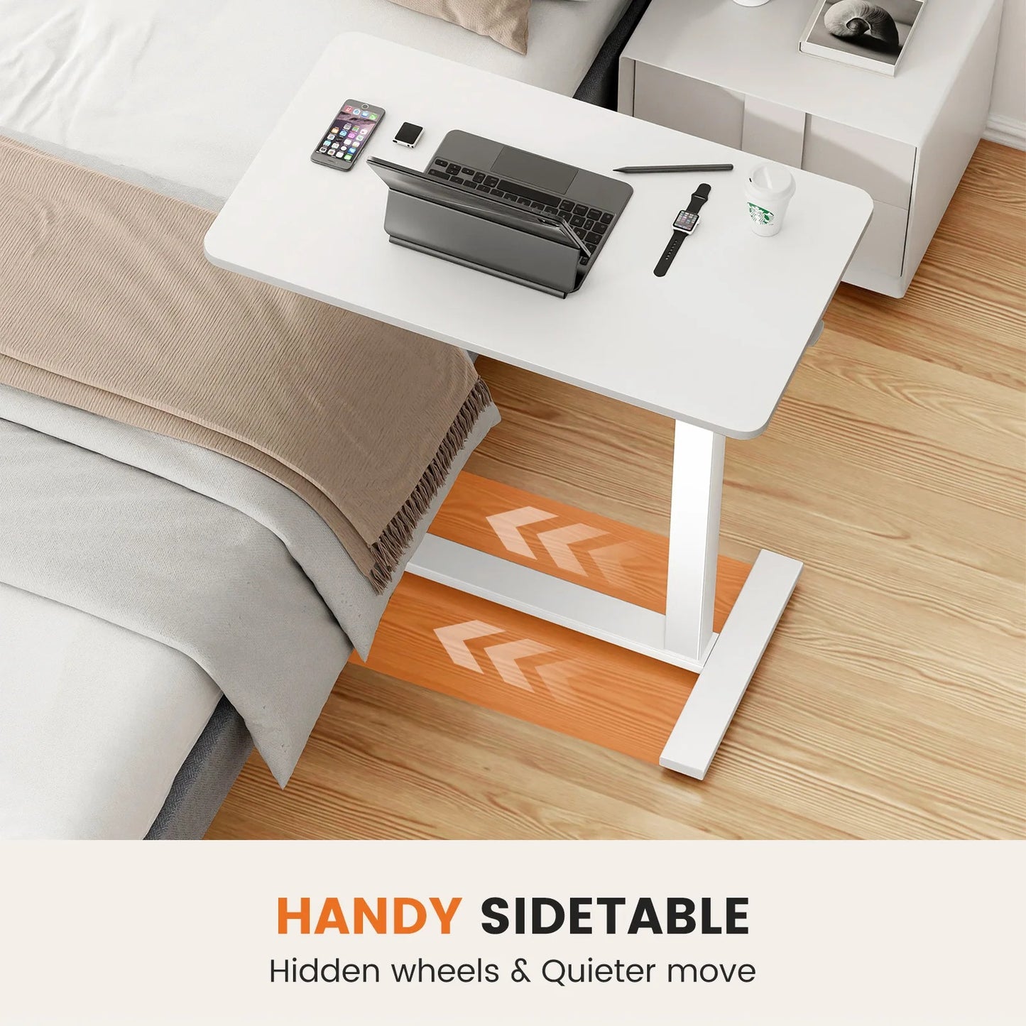 Adjustable Rolling Mobile Desk with Hidden Wheels for Home, Bedroom, and Sofa