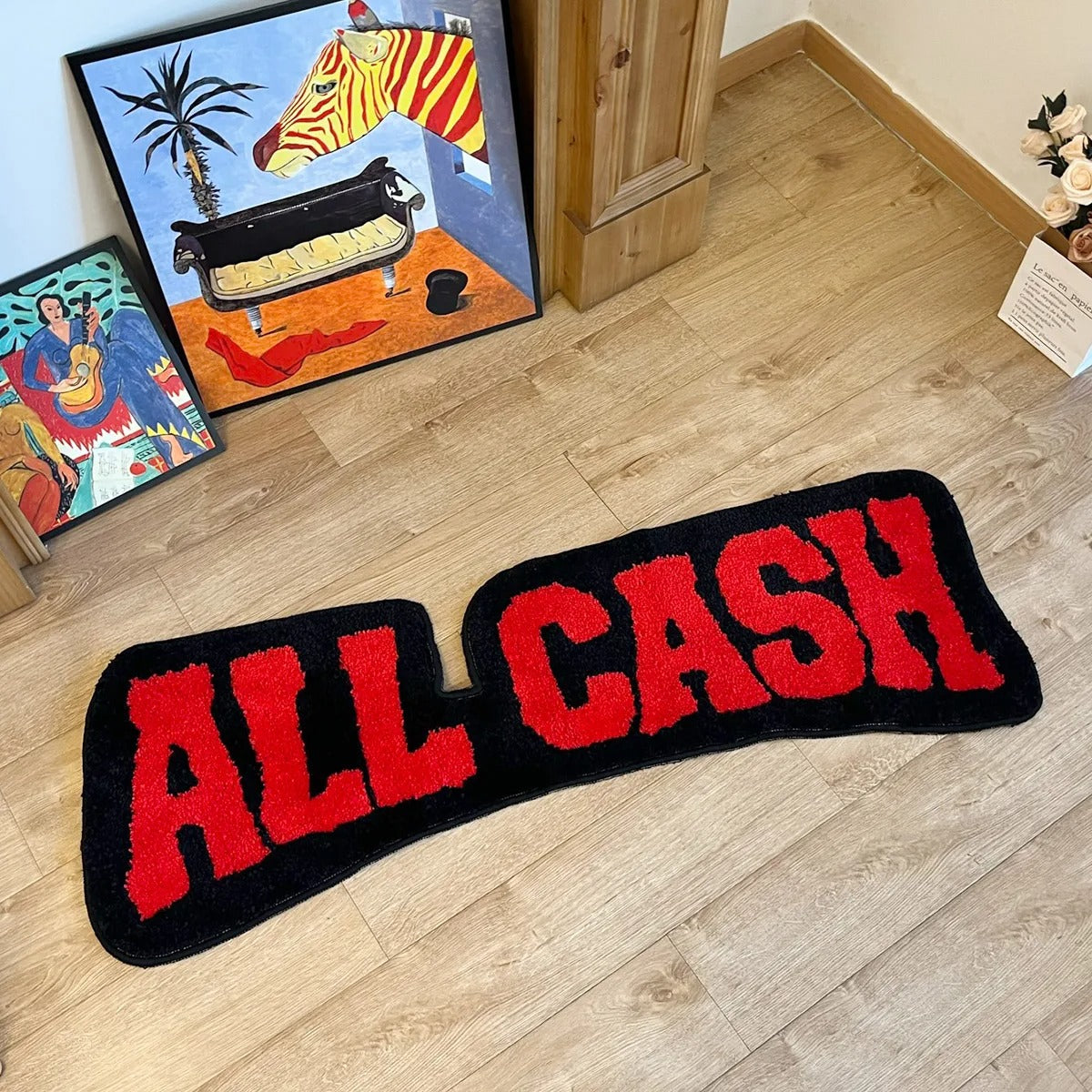 Black Red 'All Cash' Text Tufted Rug