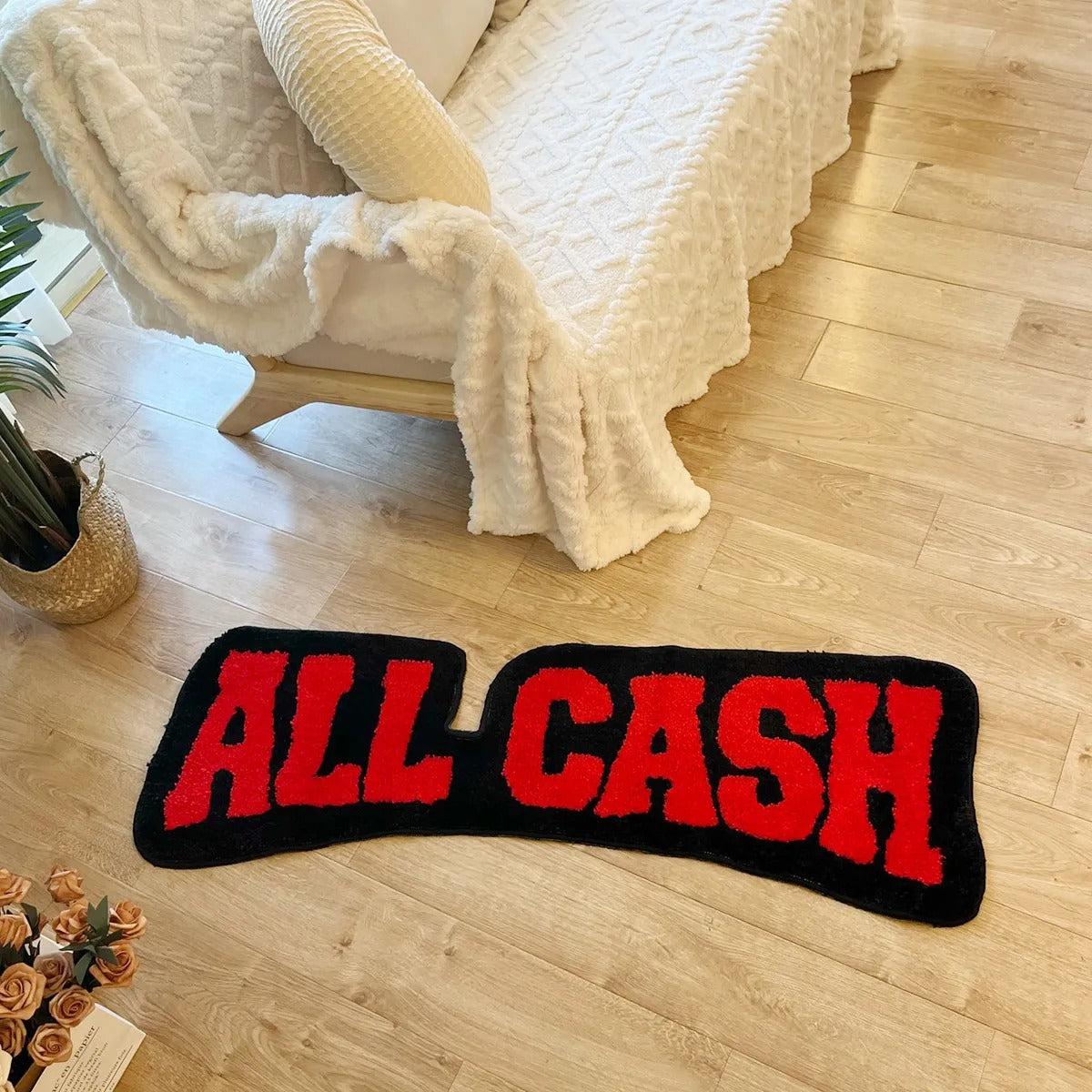 Black Red 'All Cash' Text Tufted Rug