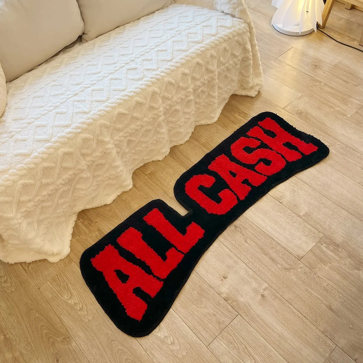 Black Red 'All Cash' Text Tufted Rug