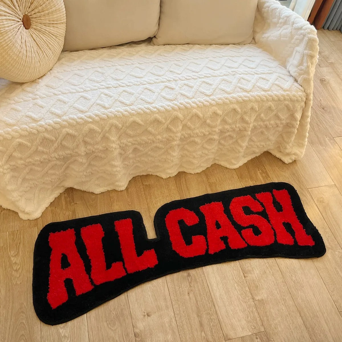 Black Red 'All Cash' Text Tufted Rug