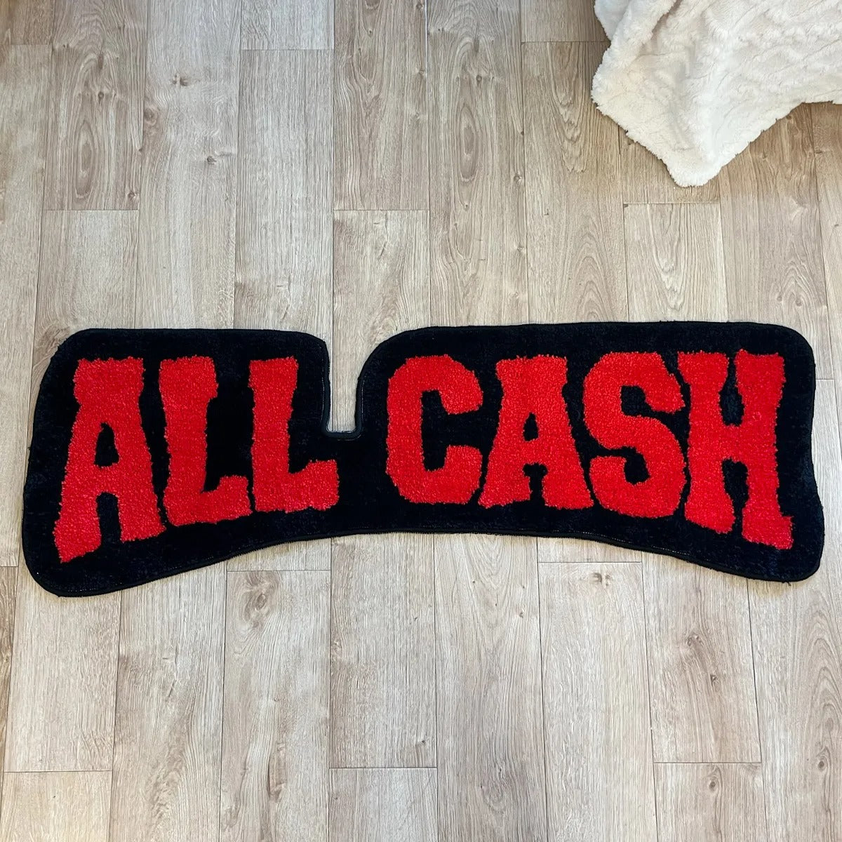 Black Red 'All Cash' Text Tufted Rug