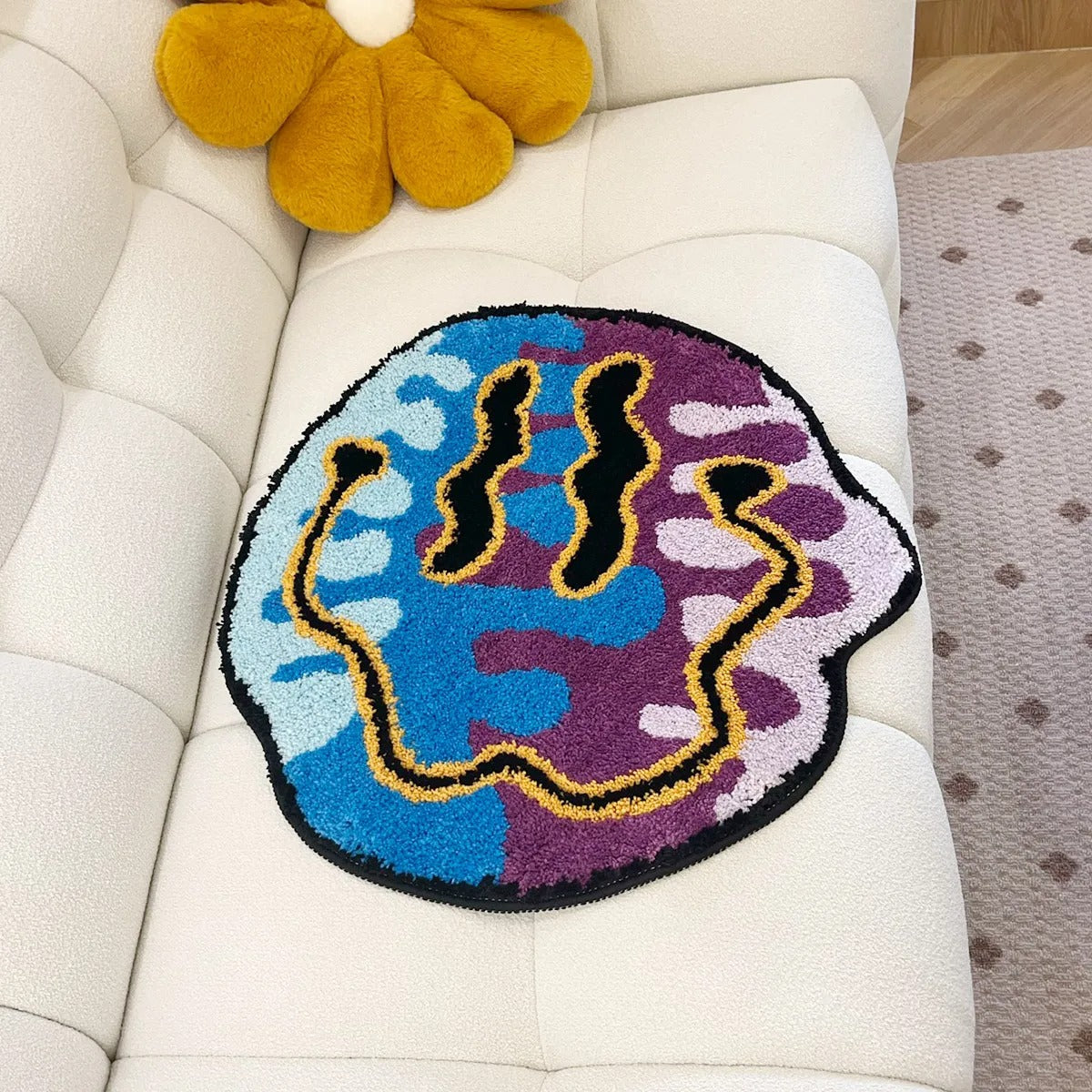 Blue Purple Trippy Smiling Face Tufted Rug