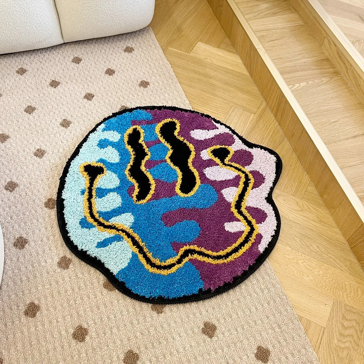 Blue Purple Trippy Smiling Face Tufted Rug