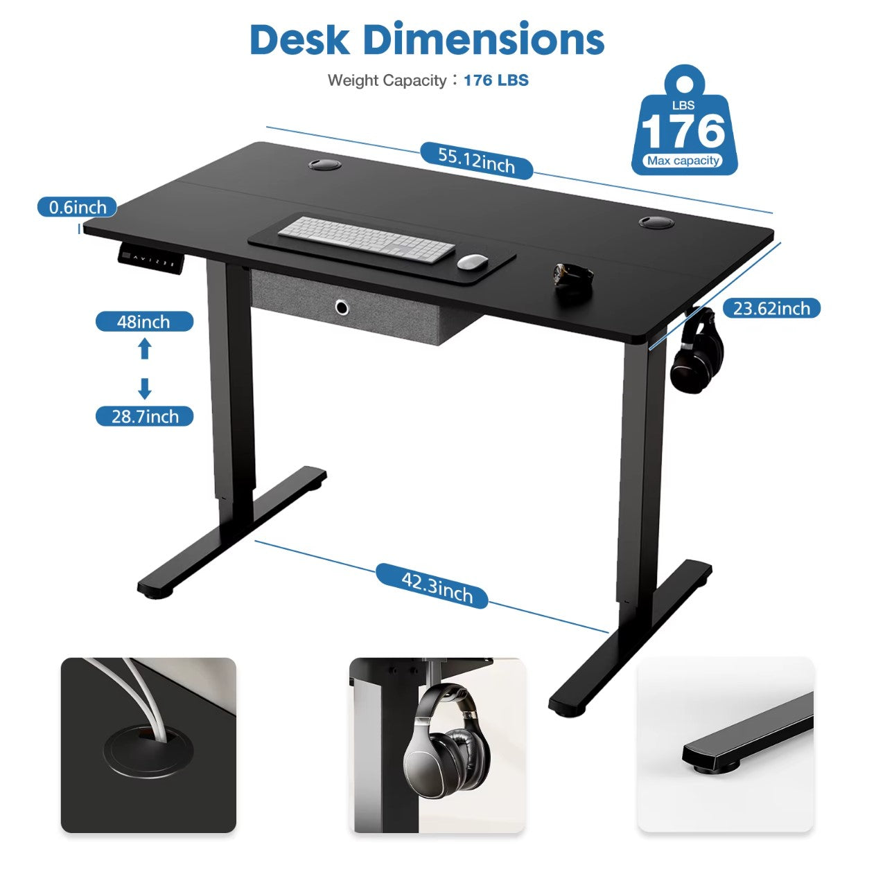 Height Adjustable Electric Standing Desk – 55x24" Sit-Stand Workstation Ergonomic Home Office Motorized Computer Desk