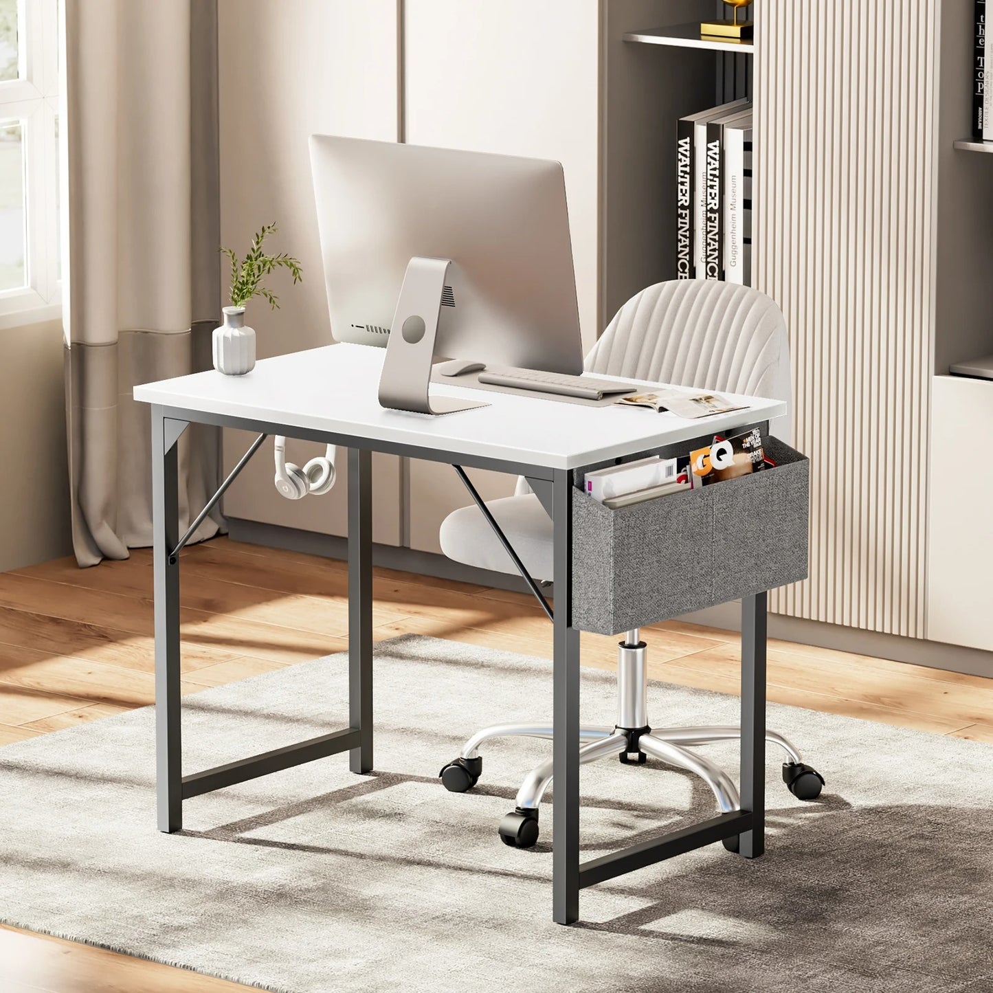 Home Office Computer Gaming Desk with Storage Bag + Headphone Hook, Writing Study Desk, Easy Assembly