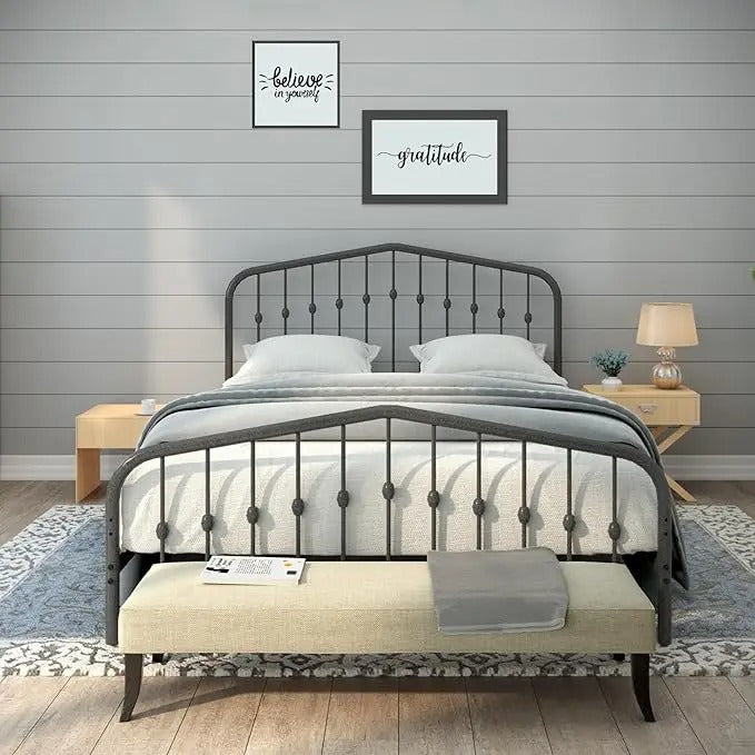 Iron Bed Frame with Headboard and Footboard Heavy Duty Wrought Steel Platform, Noise-Free, Underbed Storage, No Box Spring Needed, Easy Assembly
