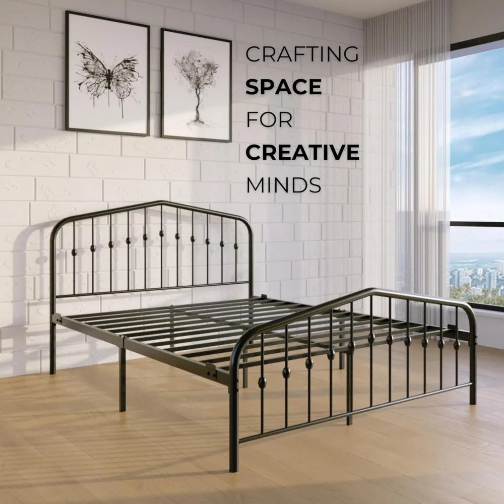 Iron Bed Frame with Headboard and Footboard Heavy Duty Wrought Steel Platform, Noise-Free, Underbed Storage, No Box Spring Needed, Easy Assembly