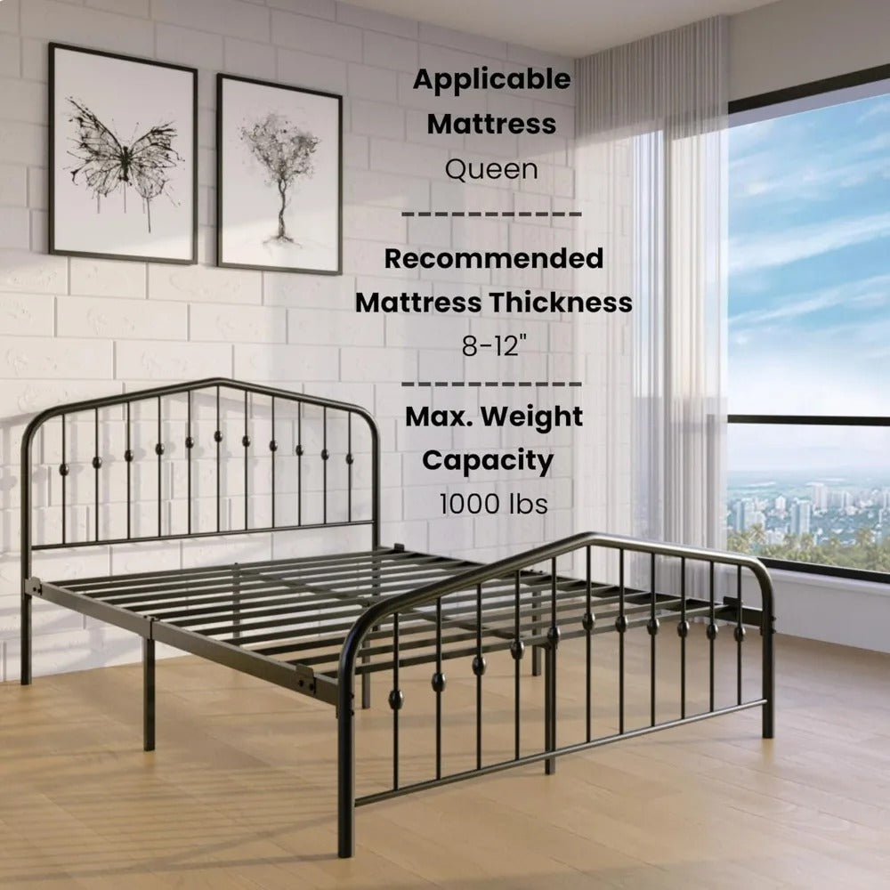 Iron Bed Frame with Headboard and Footboard Heavy Duty Wrought Steel Platform, Noise-Free, Underbed Storage, No Box Spring Needed, Easy Assembly