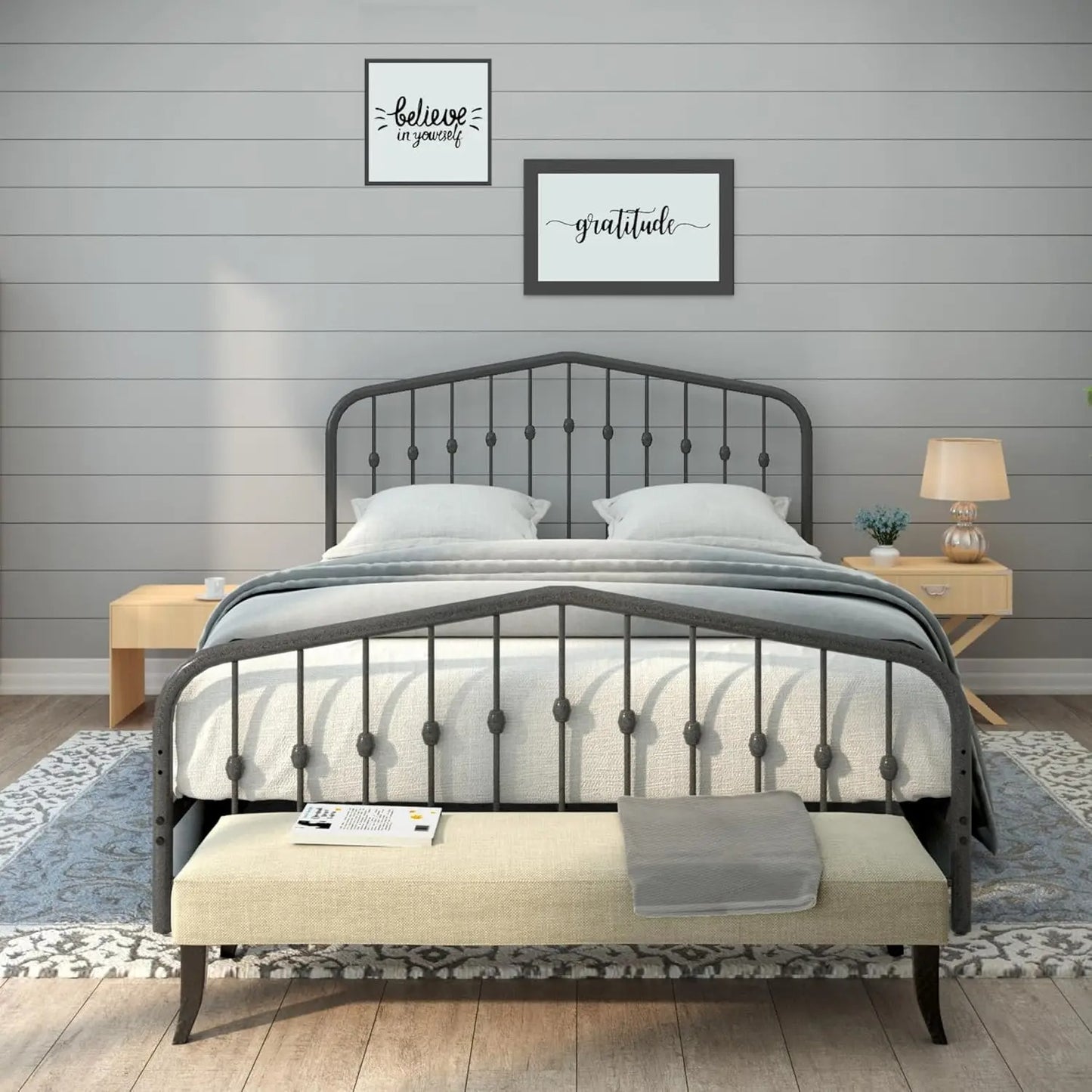 Iron Bed Frame with Headboard and Footboard Heavy Duty Wrought Steel Platform, Noise-Free, Underbed Storage, No Box Spring Needed, Easy Assembly