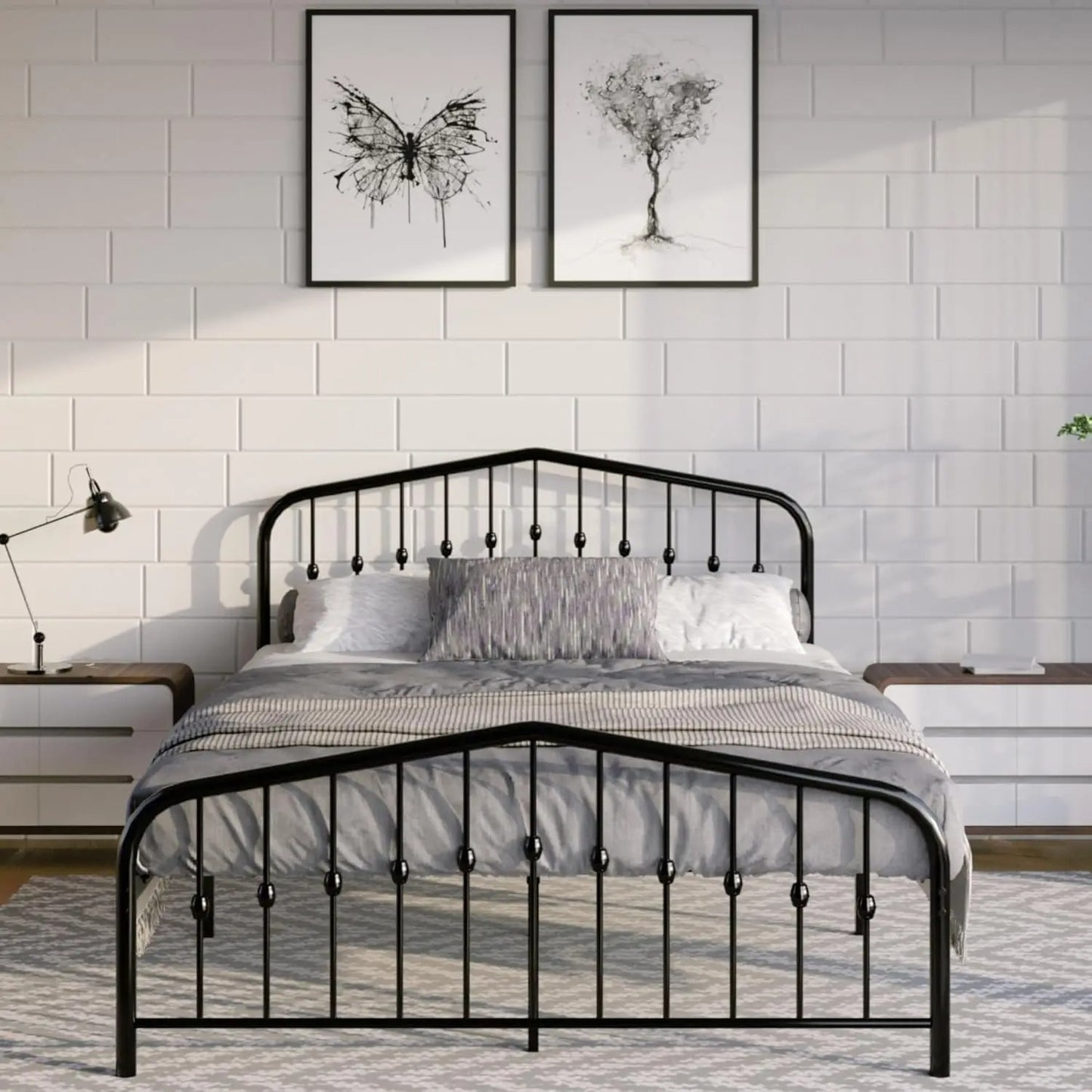 Iron Bed Frame with Headboard and Footboard Heavy Duty Wrought Steel Platform, Noise-Free, Underbed Storage, No Box Spring Needed, Easy Assembly