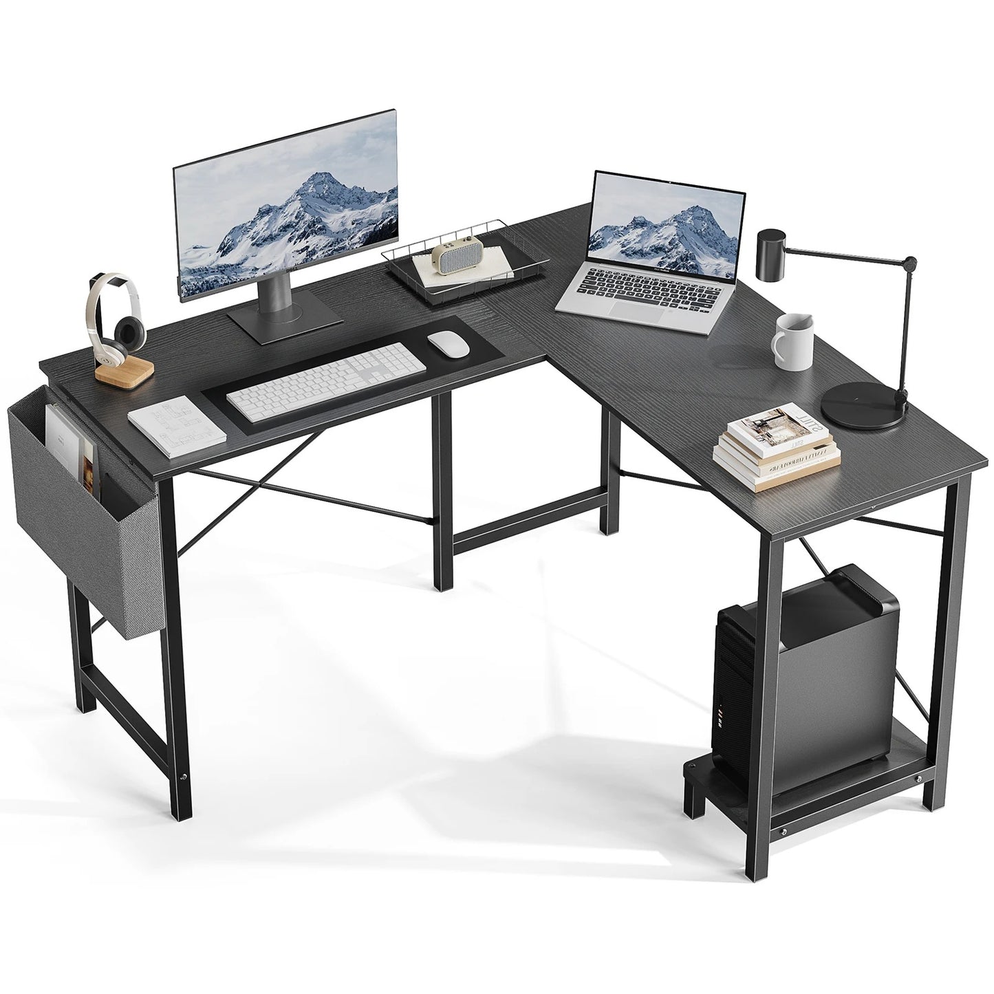 L-Shaped Home Office Gaming Computer Corner Desk with Storage Shelf & Side Bag