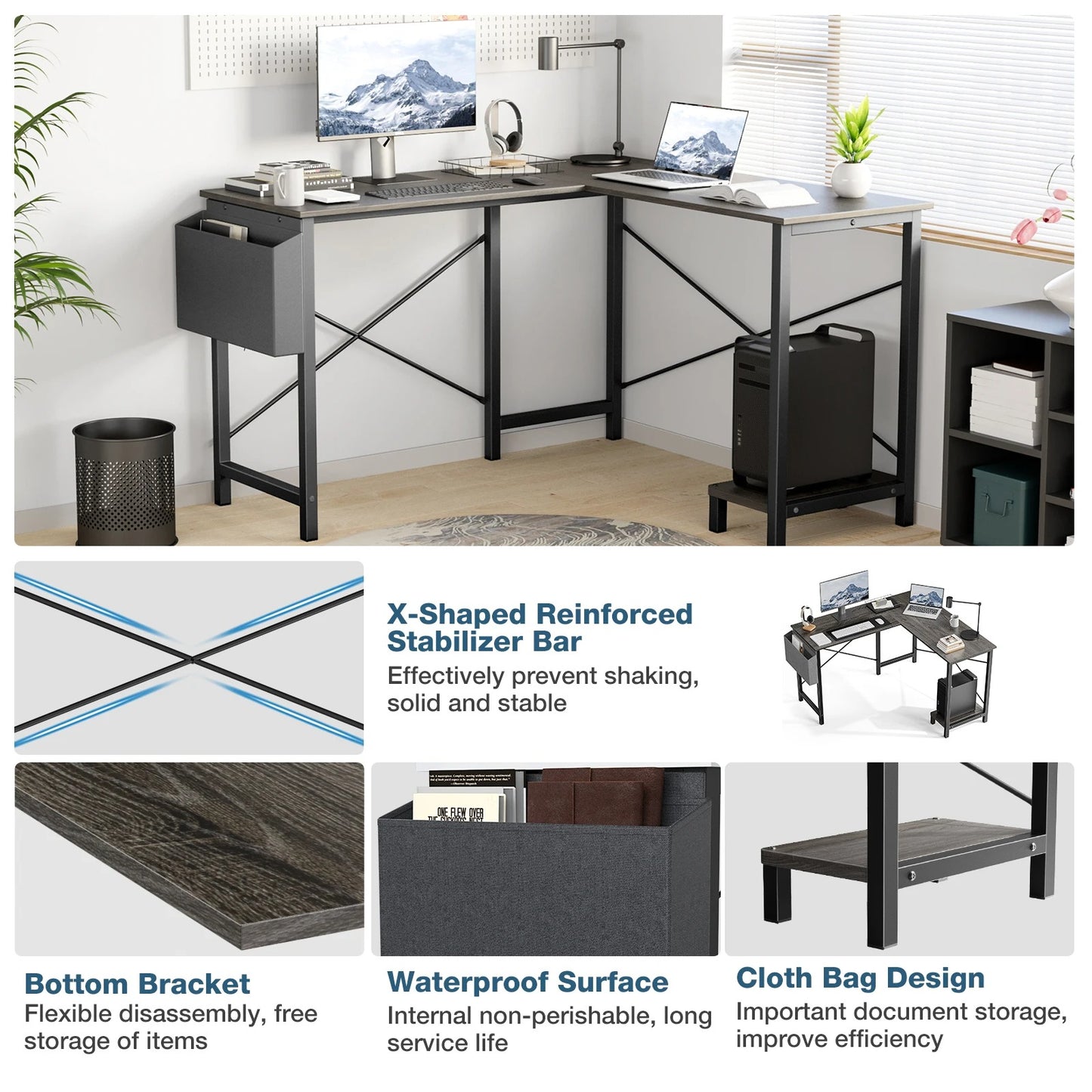 L-Shaped Home Office Gaming Computer Corner Desk with Storage Shelf & Side Bag