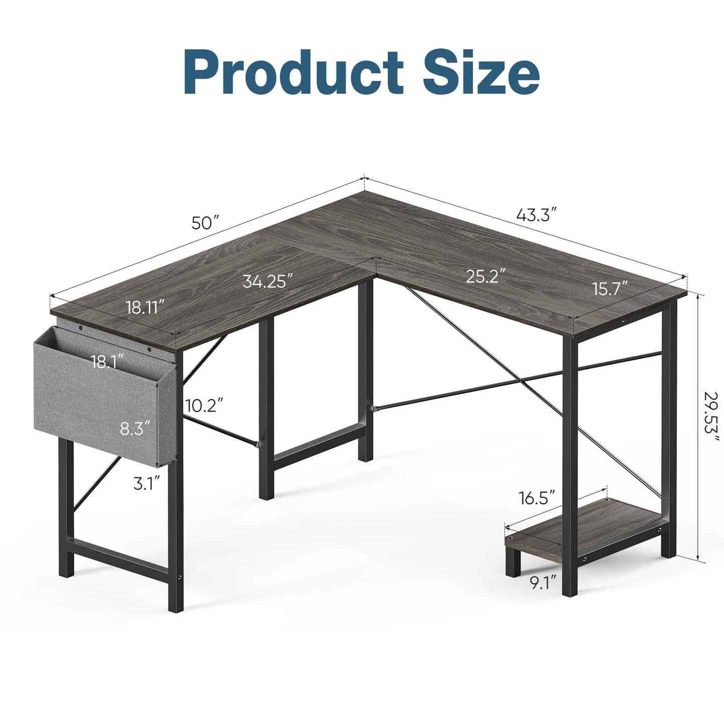 L-Shaped Home Office Gaming Computer Corner Desk with Storage Shelf & Side Bag