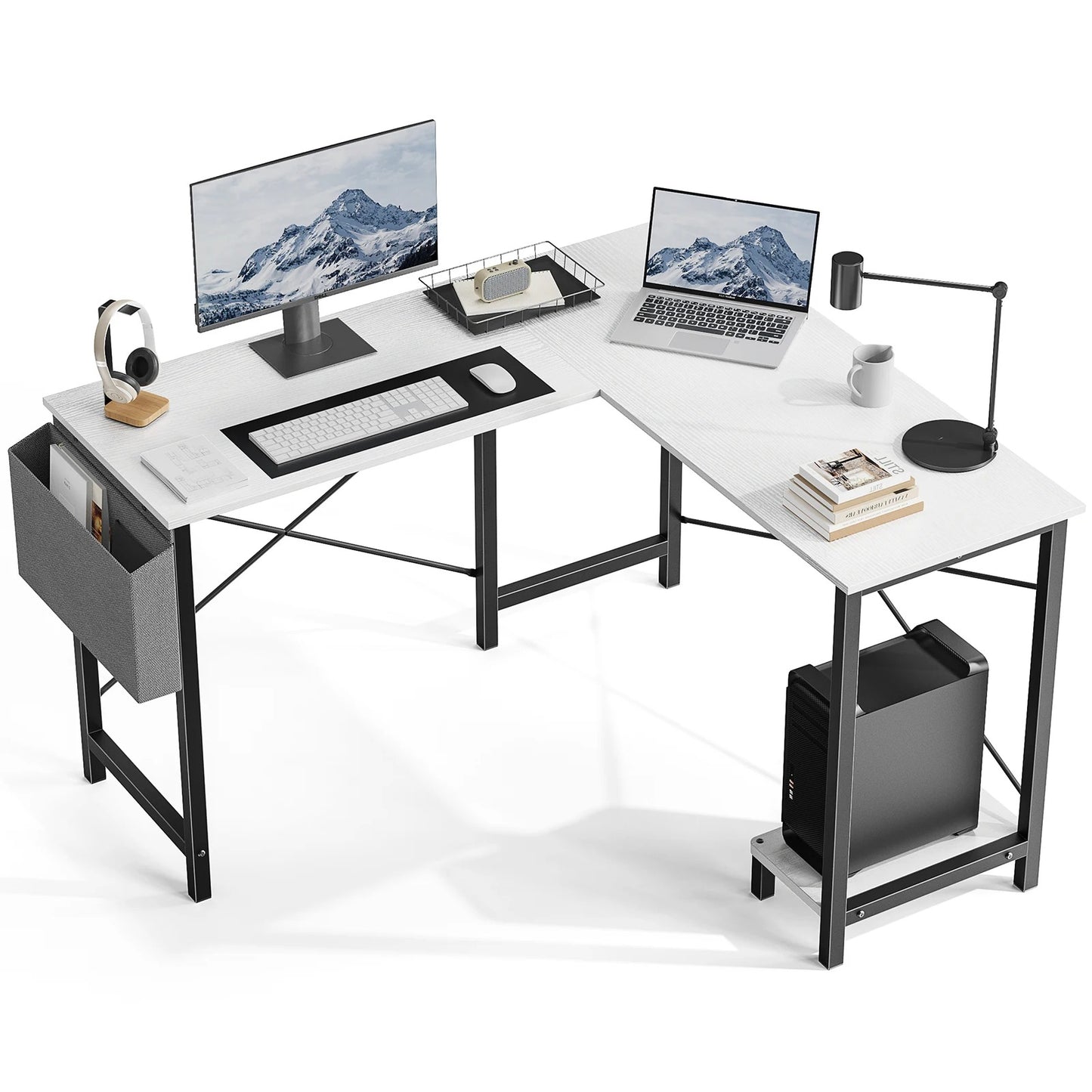 L-Shaped Home Office Gaming Computer Corner Desk with Storage Shelf & Side Bag