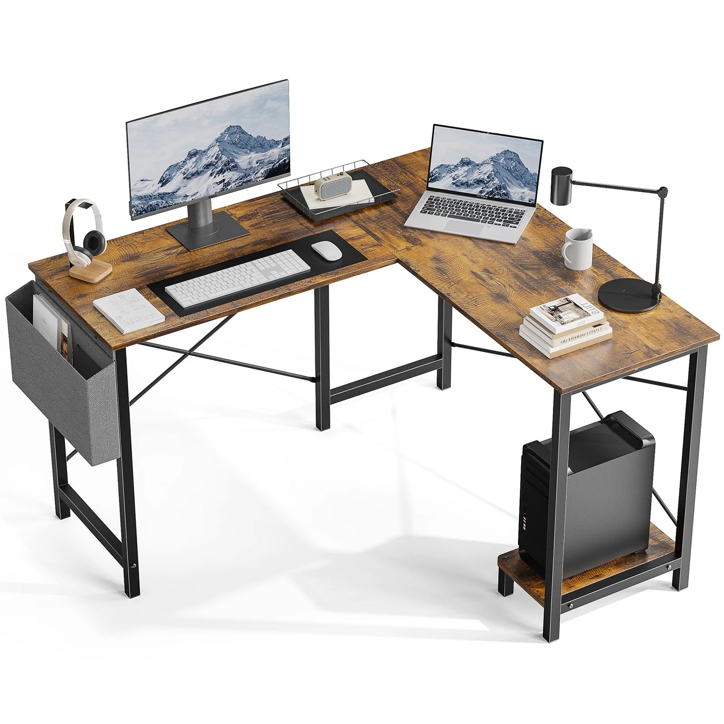L-Shaped Home Office Gaming Computer Corner Desk with Storage Shelf & Side Bag