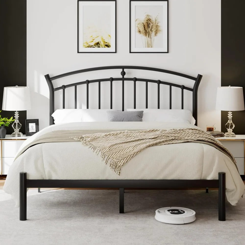 Metal Platform Bed Frame with Modern Headboard Heavy Duty Steel Slats, Noise-Free Design, Underbed Storage, Rounded Corners