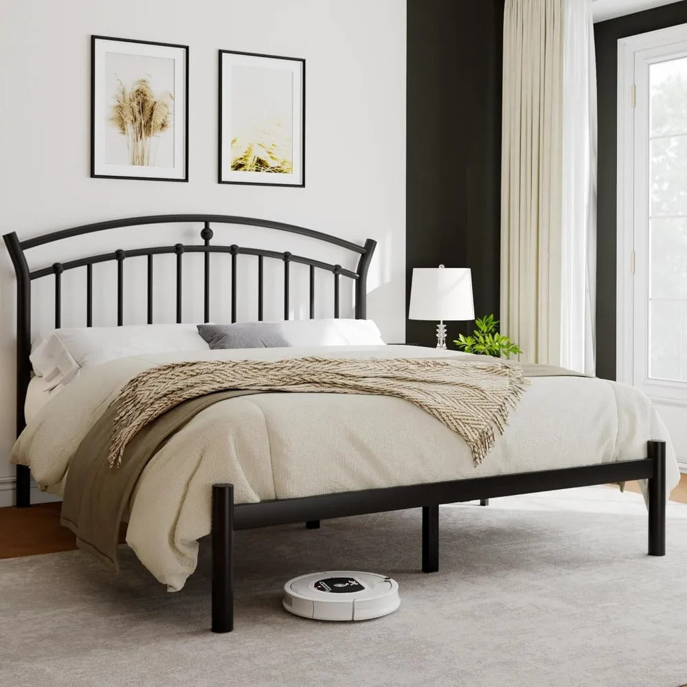 Metal Platform Bed Frame with Modern Headboard Heavy Duty Steel Slats, Noise-Free Design, Underbed Storage, Rounded Corners