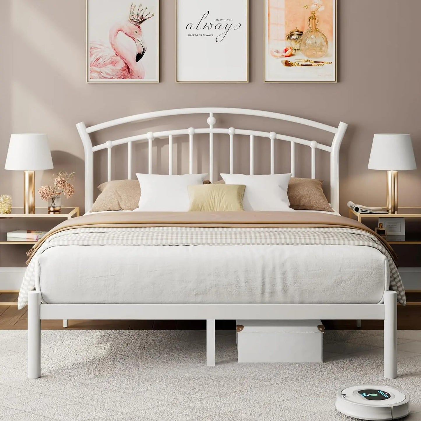 Metal Platform Bed Frame with Modern Headboard Heavy Duty Steel Slats, Noise-Free Design, Underbed Storage, Rounded Corners