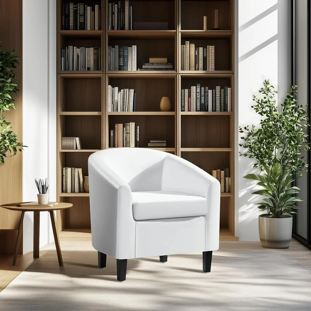 Modern Faux Leather Accent Chair Barrel Club Chair Solid Pine Wood Legs