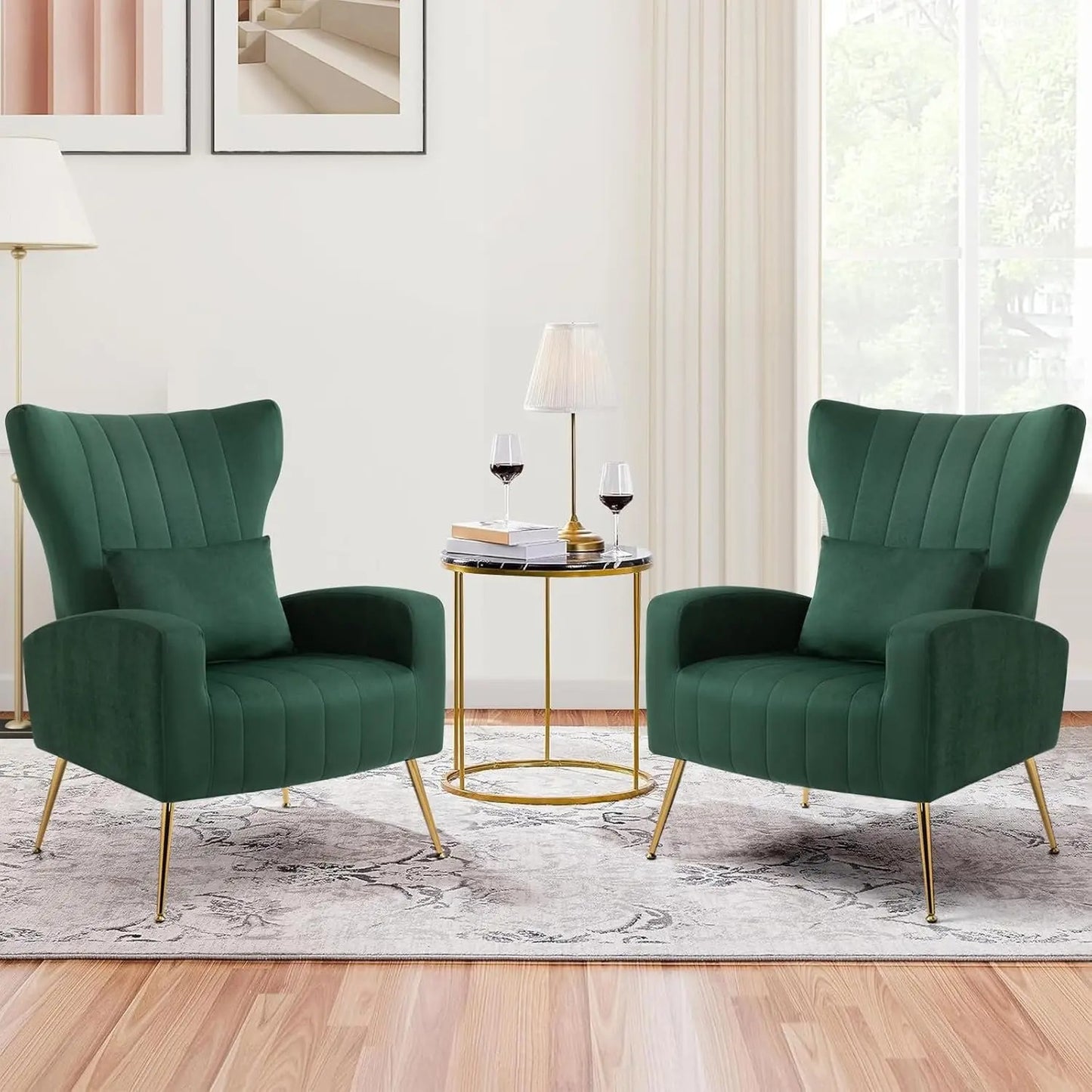 Modern Velvet High Back Accent Chairs Back Pillow Gold Legs (Set of 2)