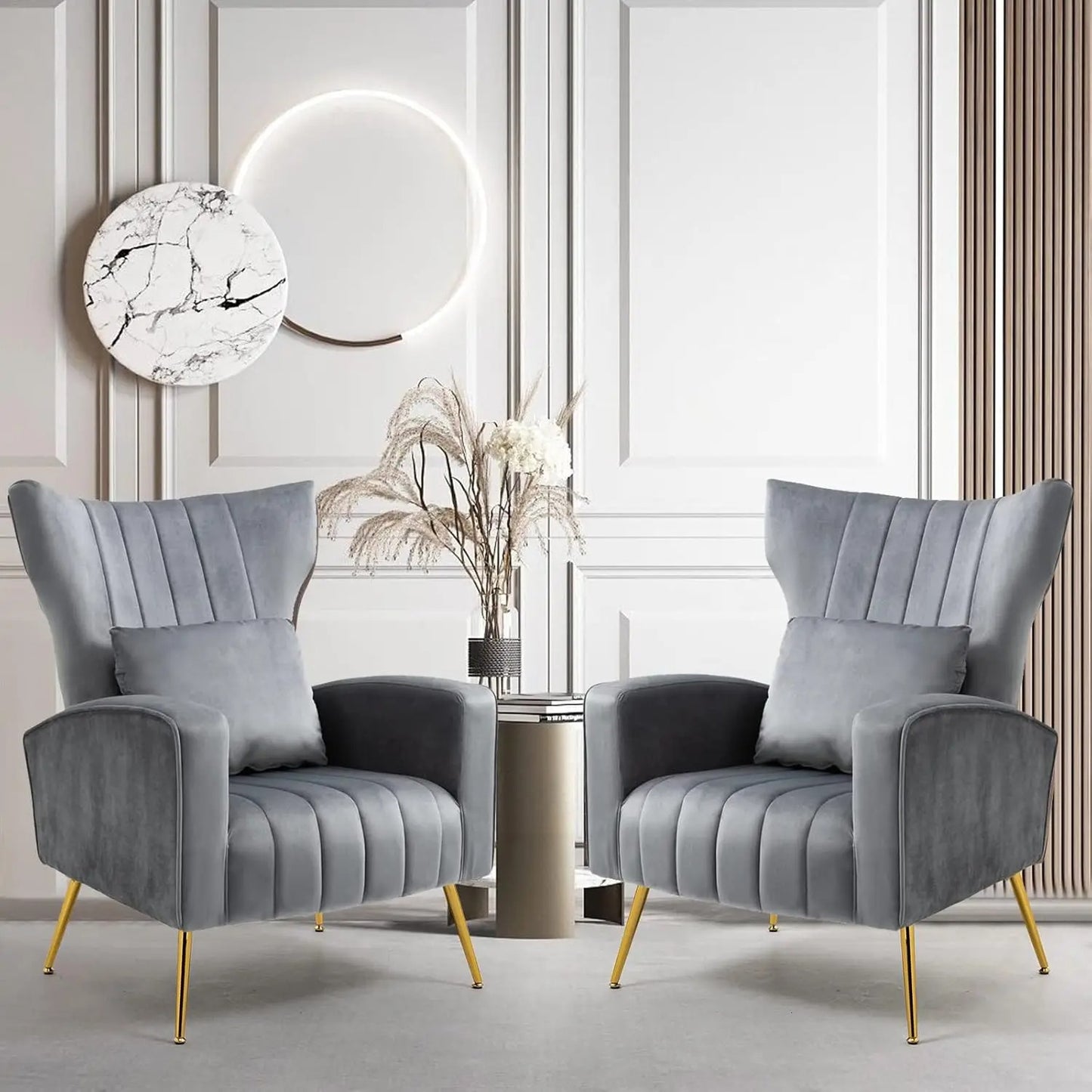 Modern Velvet High Back Accent Chairs Back Pillow Gold Legs (Set of 2)