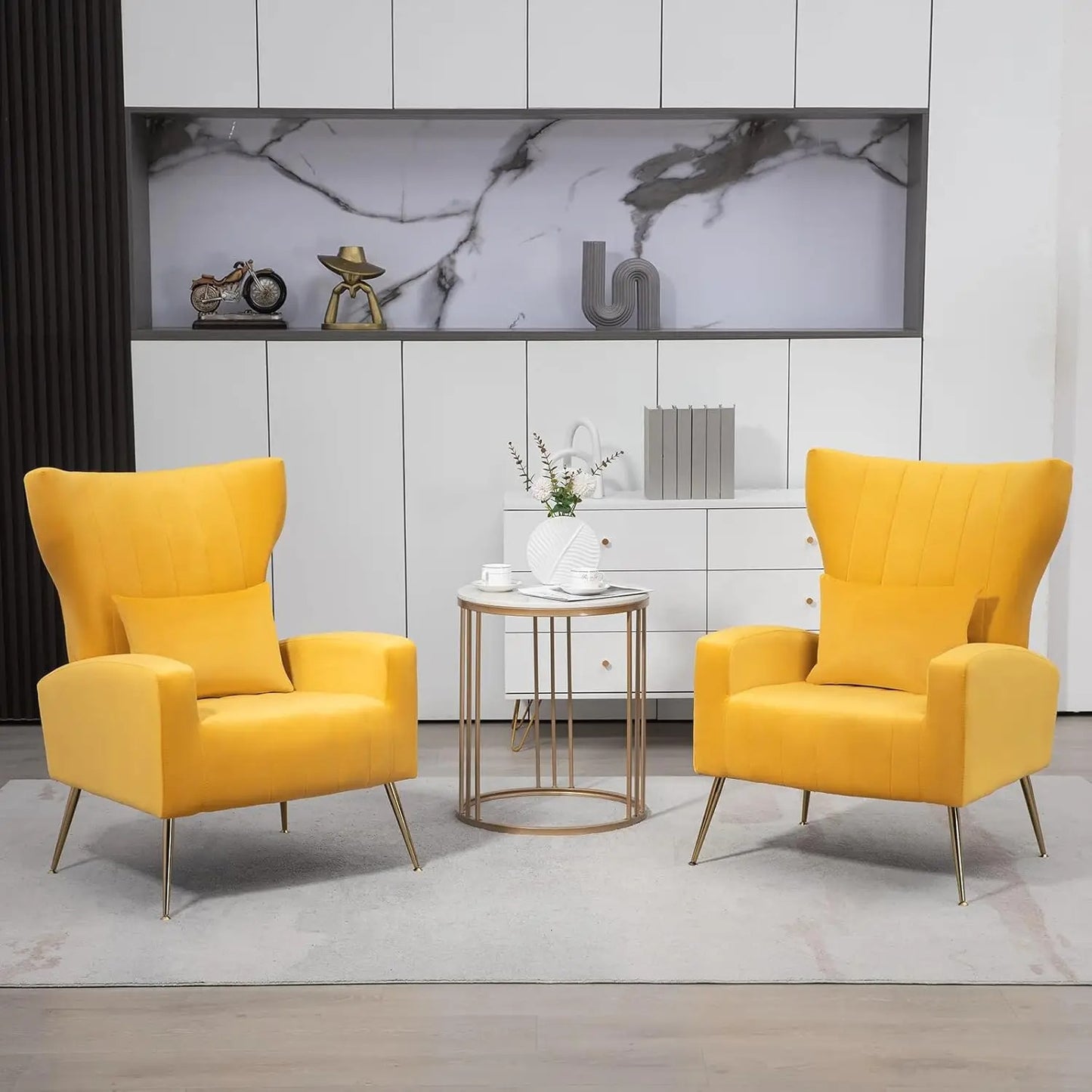 Modern Velvet High Back Accent Chairs Back Pillow Gold Legs (Set of 2)