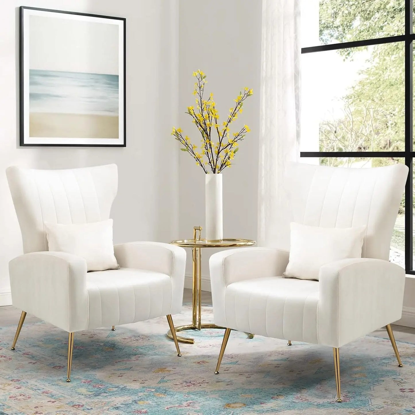 Modern Velvet High Back Accent Chairs Back Pillow Gold Legs (Set of 2)
