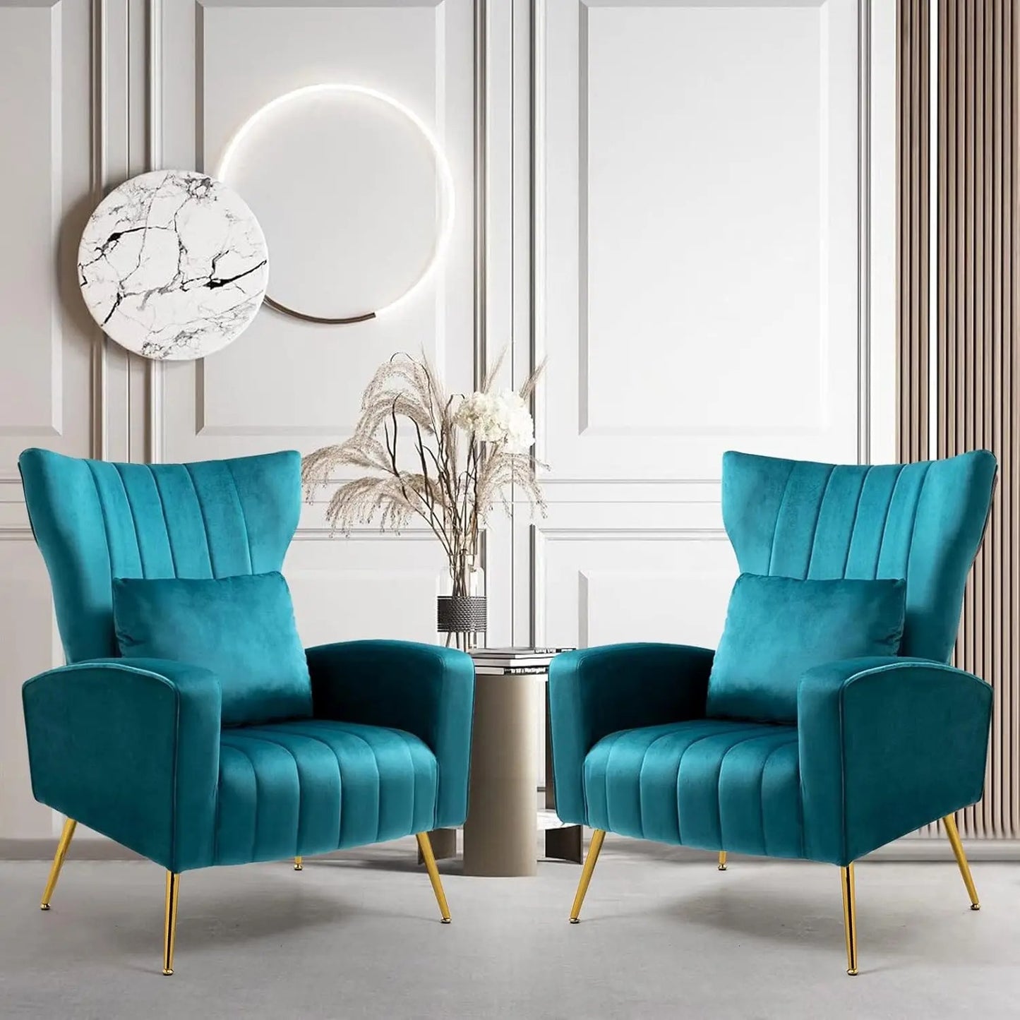 Modern Velvet High Back Accent Chairs Back Pillow Gold Legs (Set of 2)