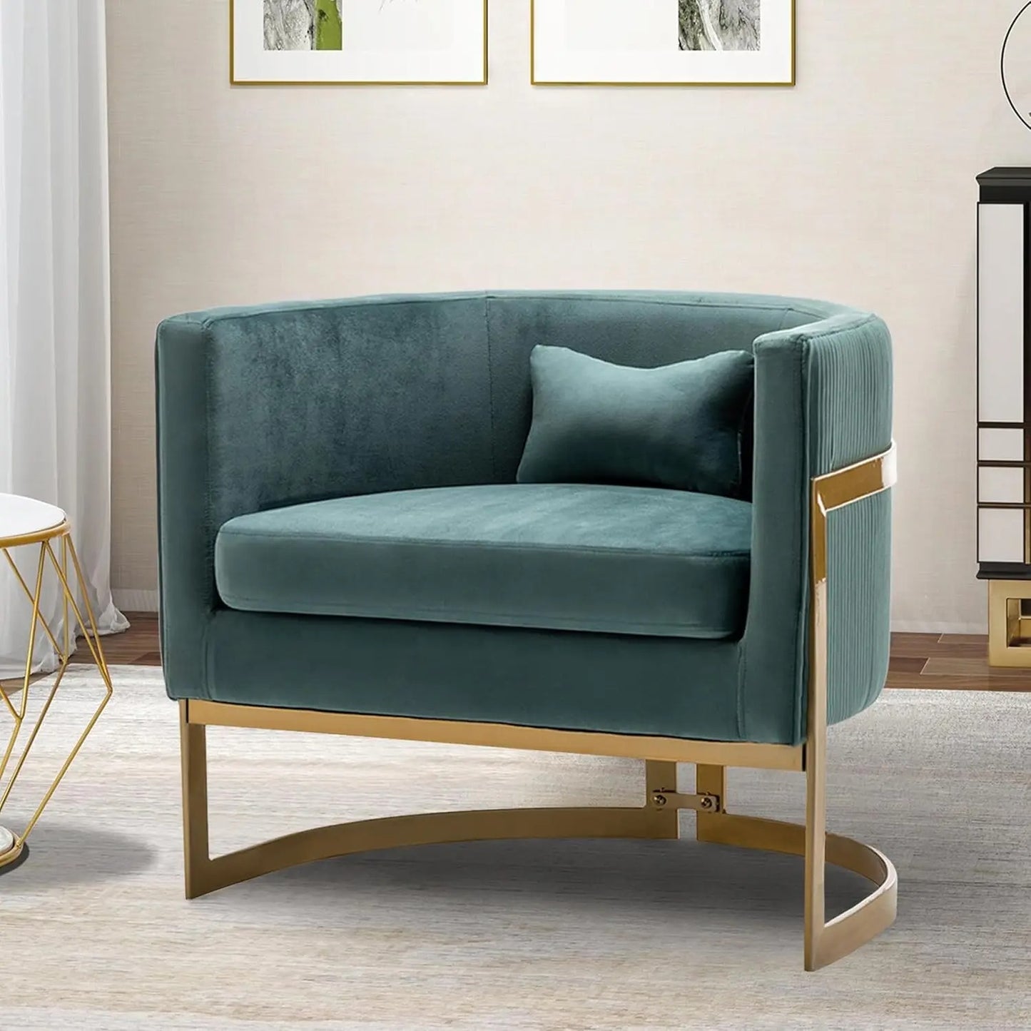 Modern Velvet Upholstered Barrel Cushioned Accent Chair Gold Legs