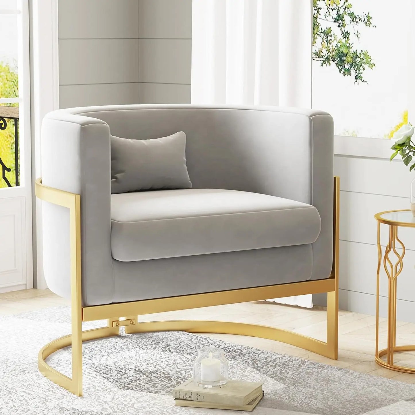 Modern Velvet Upholstered Barrel Cushioned Accent Chair Gold Legs