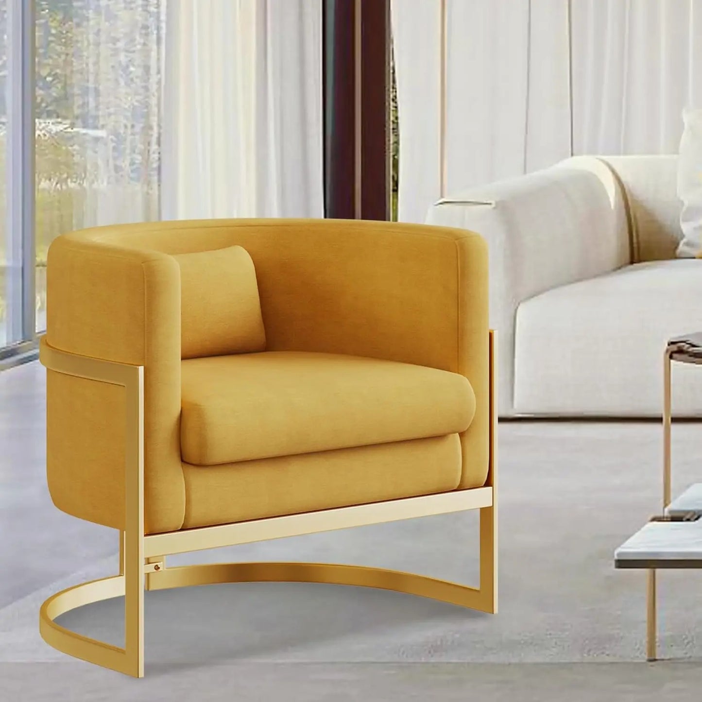 Modern Velvet Upholstered Barrel Cushioned Accent Chair Gold Legs