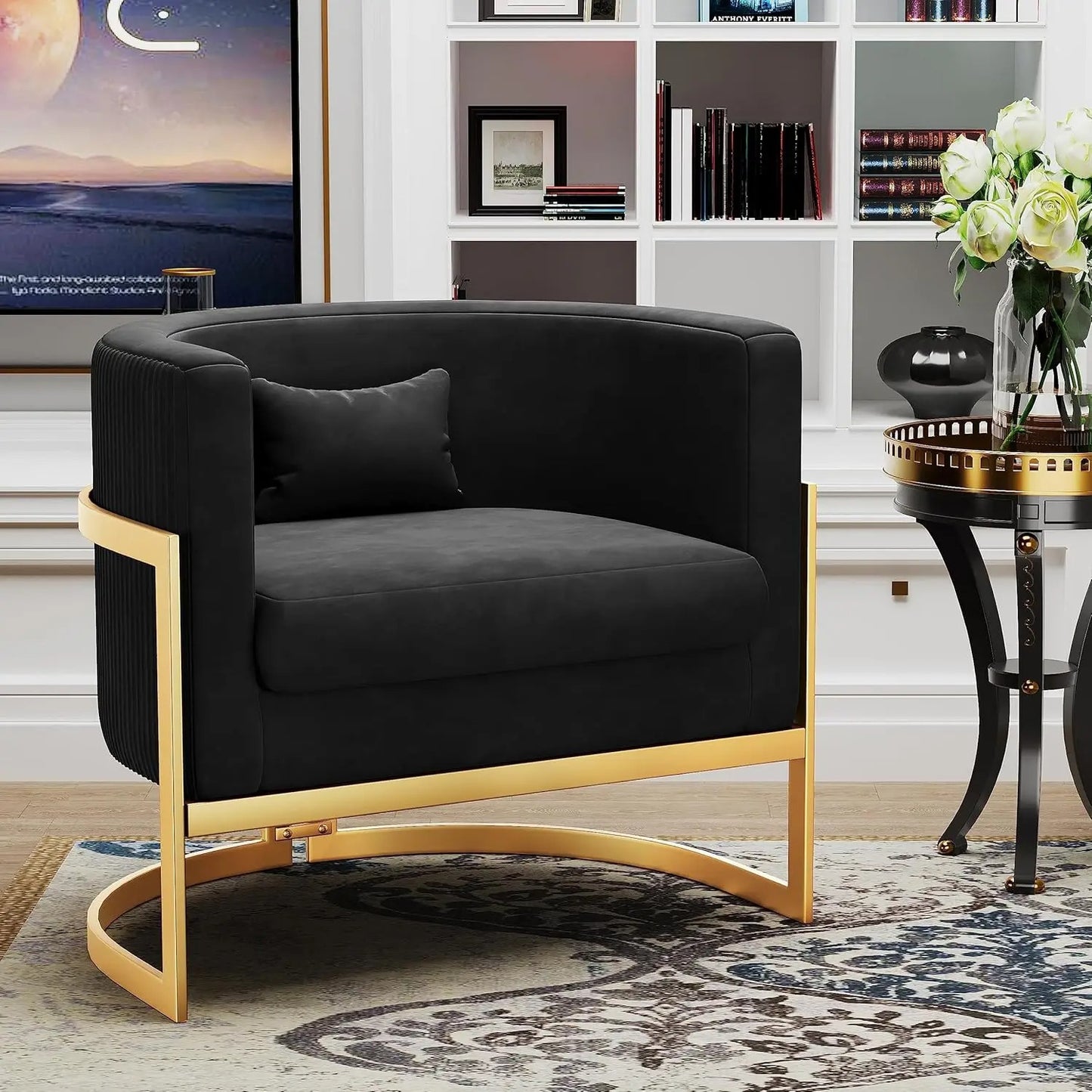 Modern Velvet Upholstered Barrel Cushioned Accent Chair Gold Legs