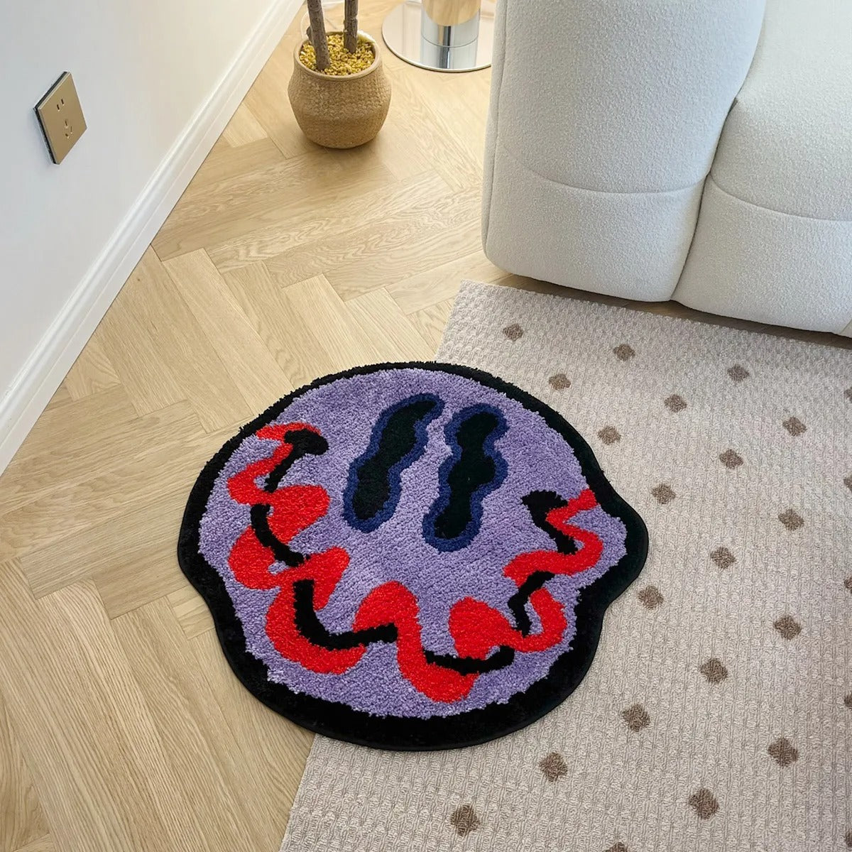 Purple Red Trippy Smiling Face Tufted Rug