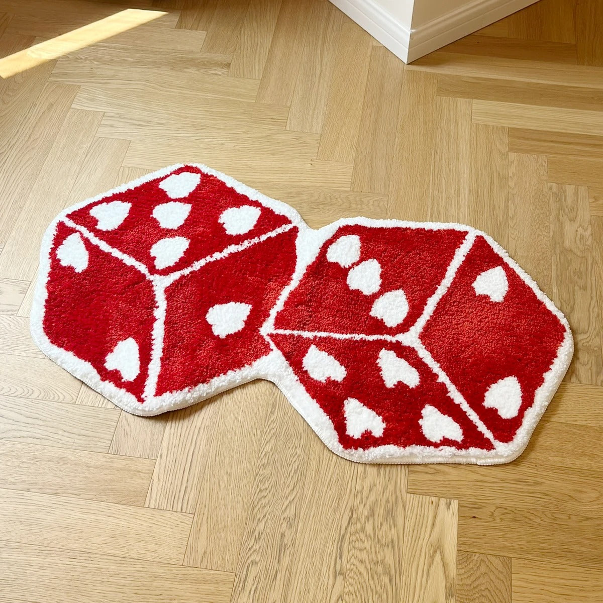 Red Dice With White Hearts Tufted Rug