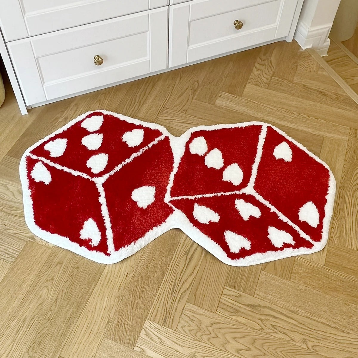 Red Dice With White Hearts Tufted Rug