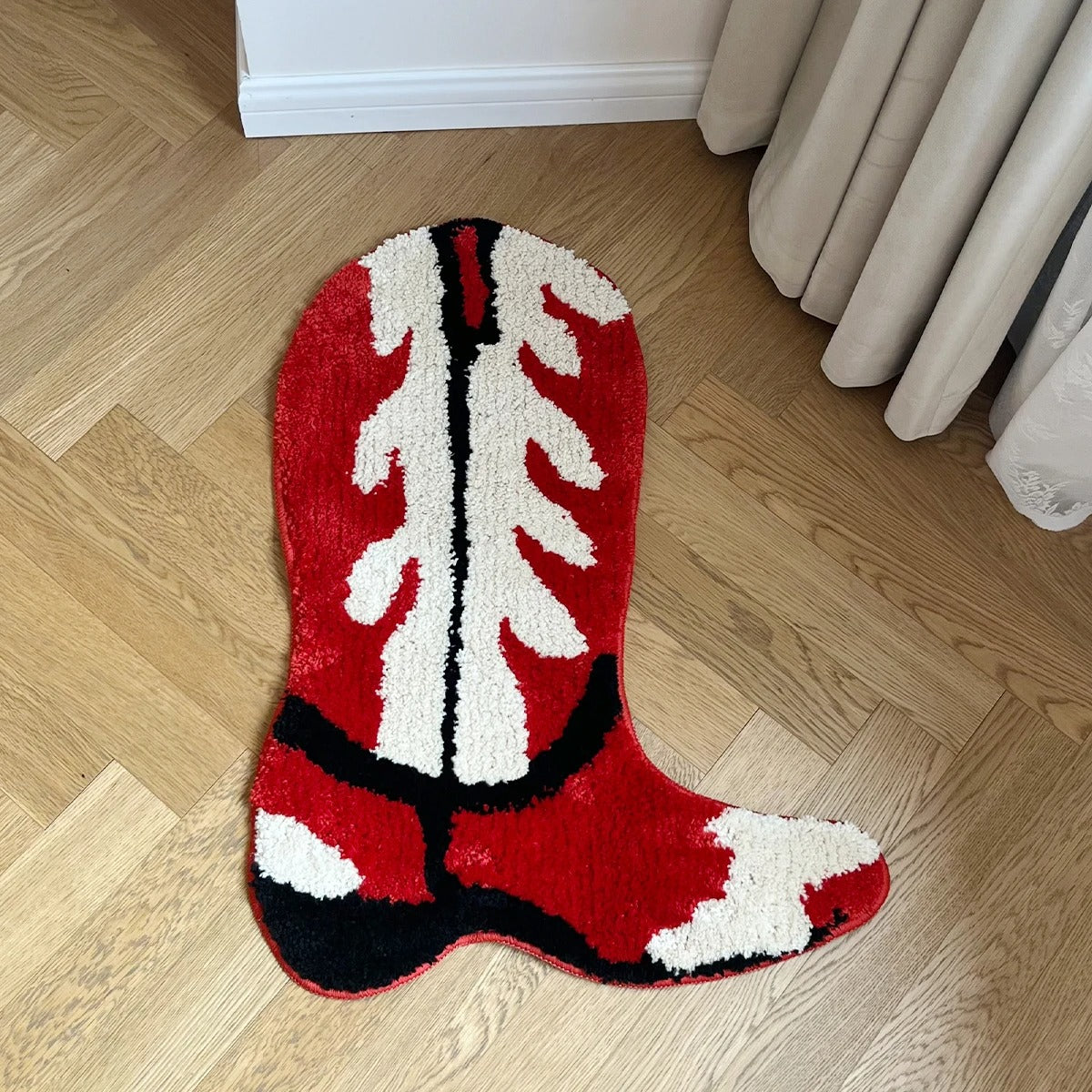 Red White Western Cowboy Cowgirl Boots Tufted Rug
