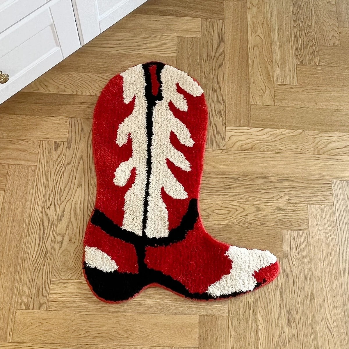 Red White Western Cowboy Cowgirl Boots Tufted Rug