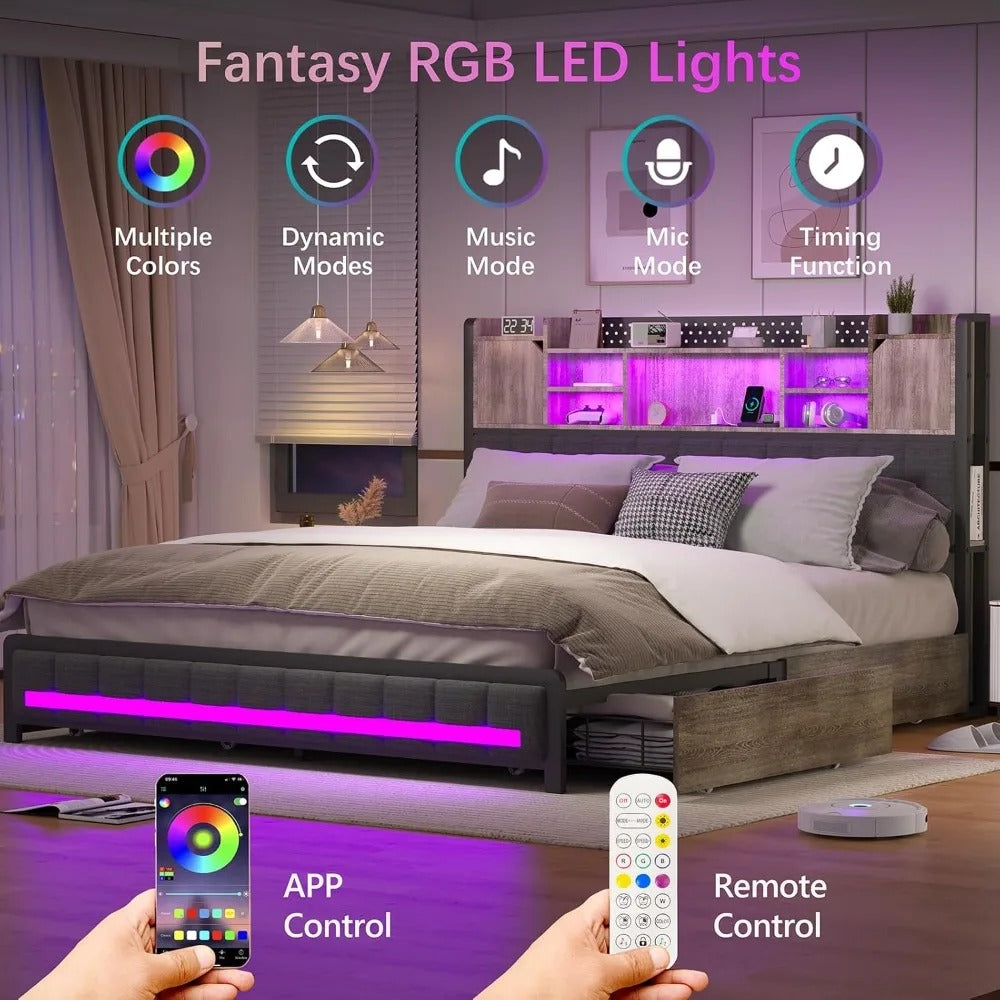 Smart LED Upholstered Platform Bed Frame Charging Ports, Storage Drawers & Modern Bookcase Headboard