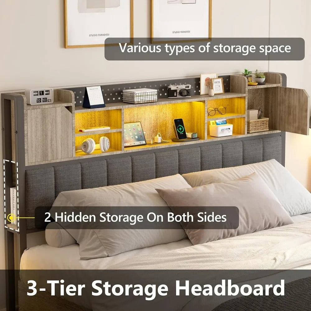 Smart LED Upholstered Platform Bed Frame Charging Ports, Storage Drawers & Modern Bookcase Headboard
