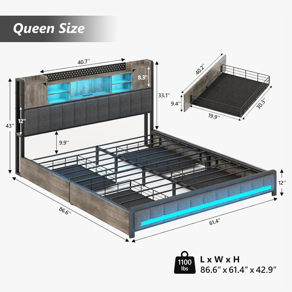 Smart LED Upholstered Platform Bed Frame Charging Ports, Storage Drawers & Modern Bookcase Headboard