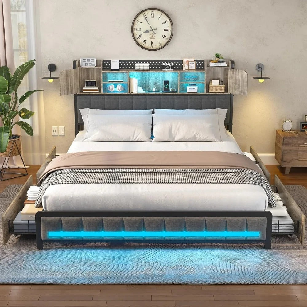 Smart LED Upholstered Platform Bed Frame Charging Ports, Storage Drawers & Modern Bookcase Headboard