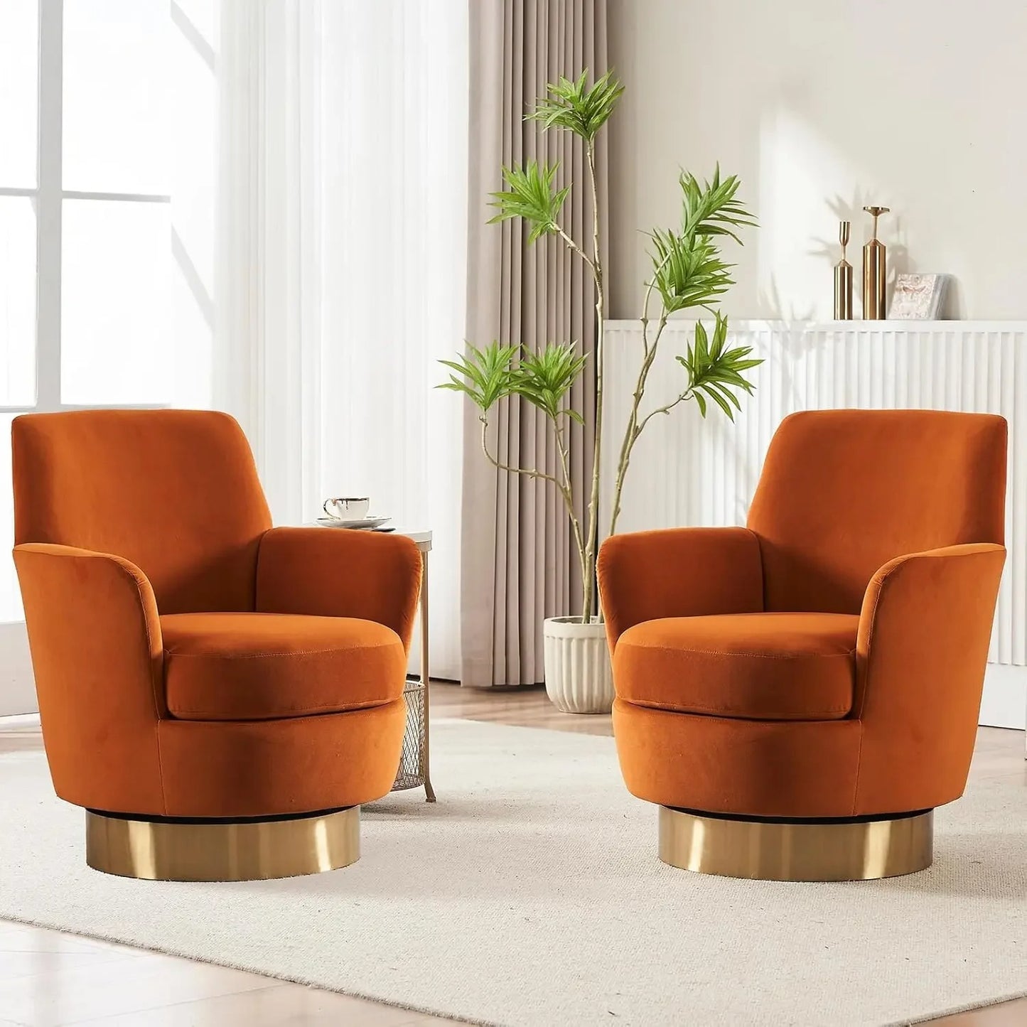 Swivel Barrel Round Bucket Velvet Upholstered Accent Chairs Gold Base (Set of 2)