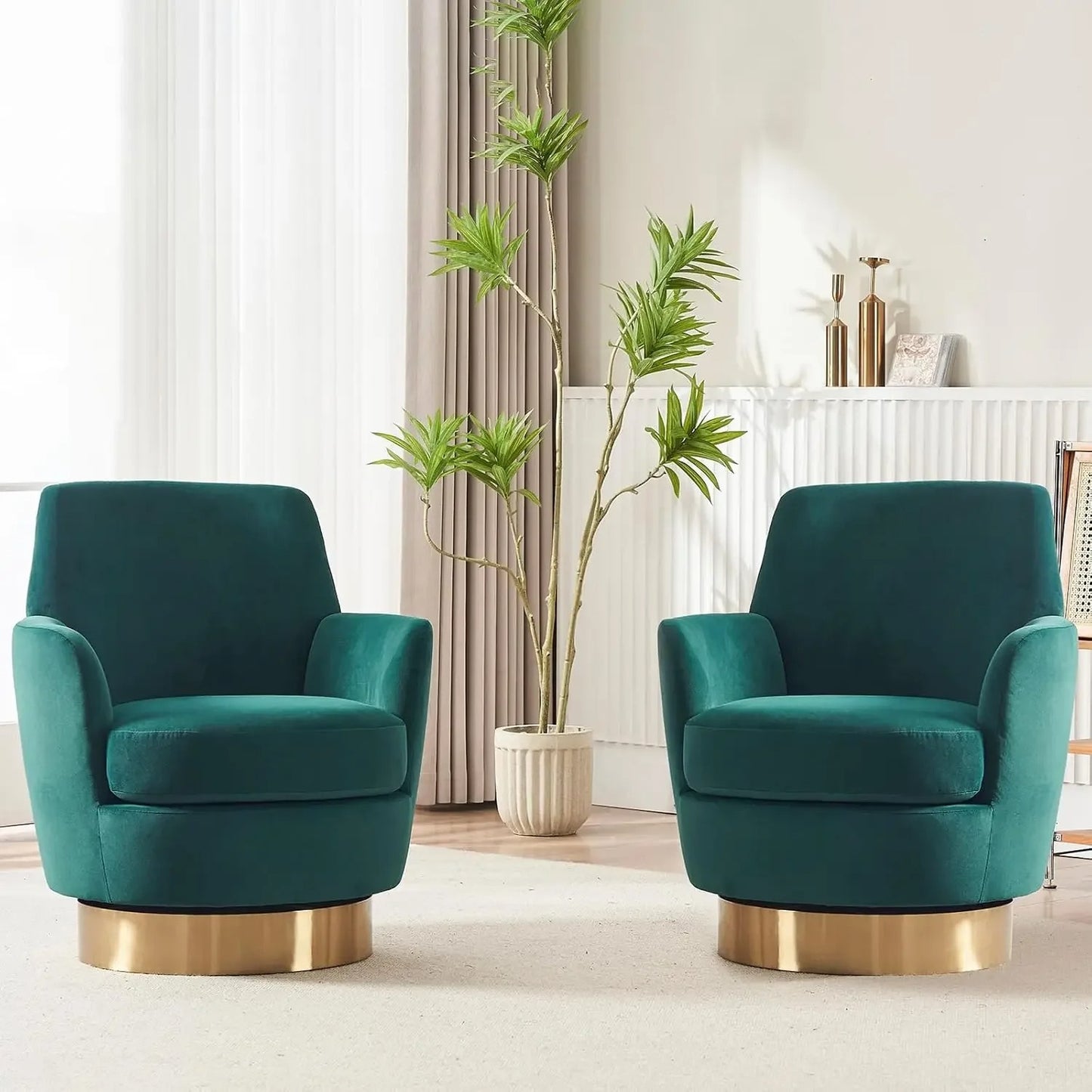 Swivel Barrel Round Bucket Velvet Upholstered Accent Chairs Gold Base (Set of 2)