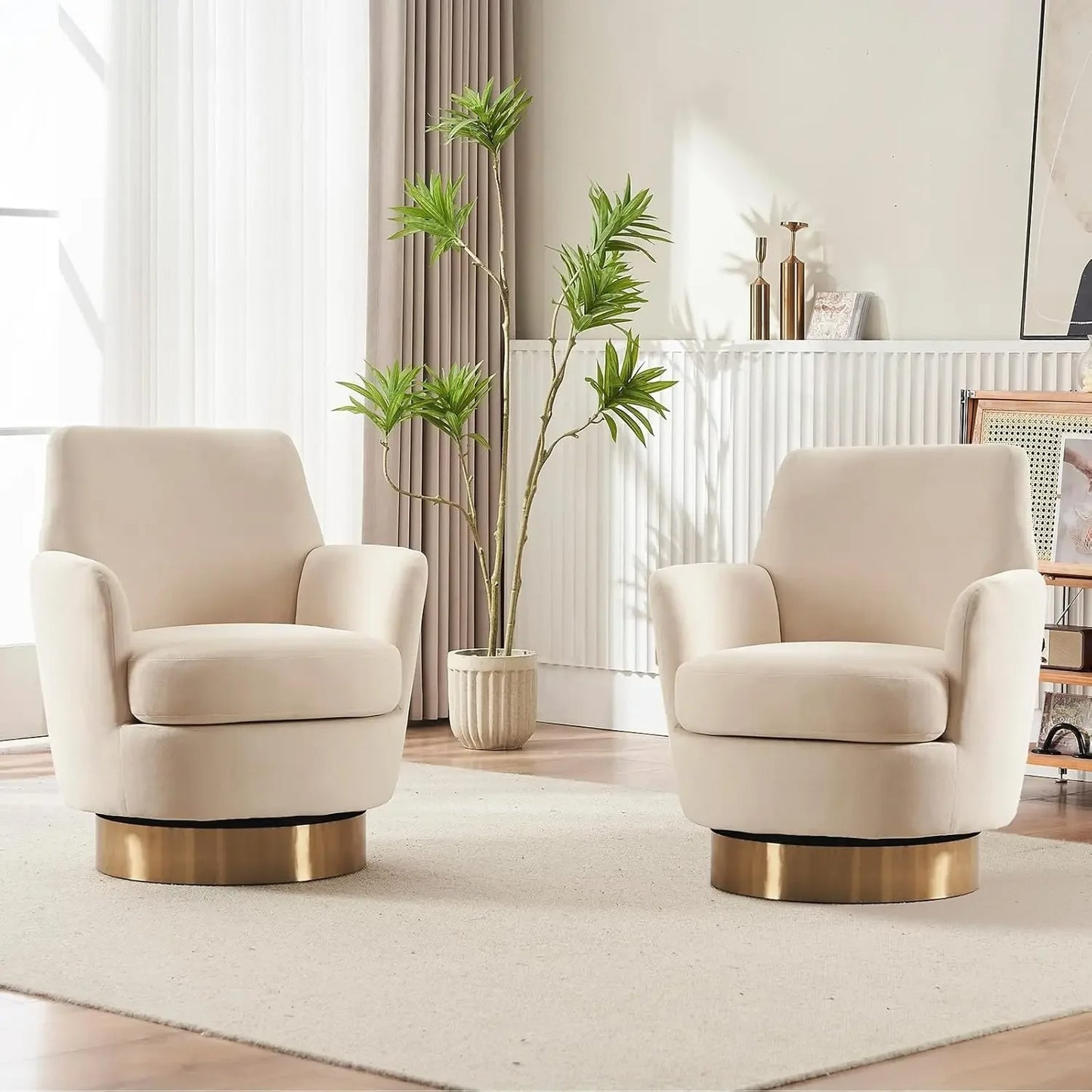 Swivel Barrel Round Bucket Velvet Upholstered Accent Chairs Gold Base (Set of 2)