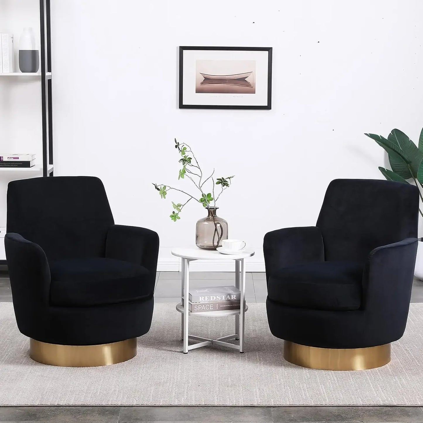 Swivel Barrel Round Bucket Velvet Upholstered Accent Chairs Gold Base (Set of 2)