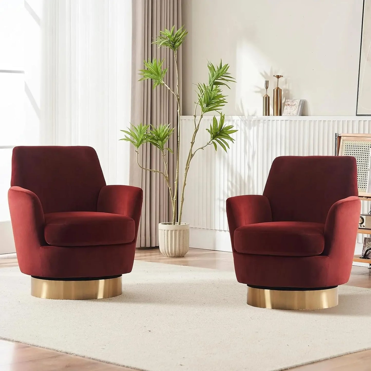 Swivel Barrel Round Bucket Velvet Upholstered Accent Chairs Gold Base (Set of 2)