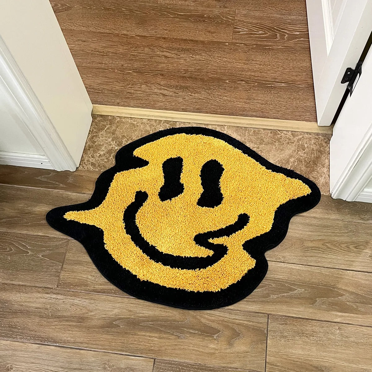 Black Yellow Trippy Smiling Face Tufted Rug