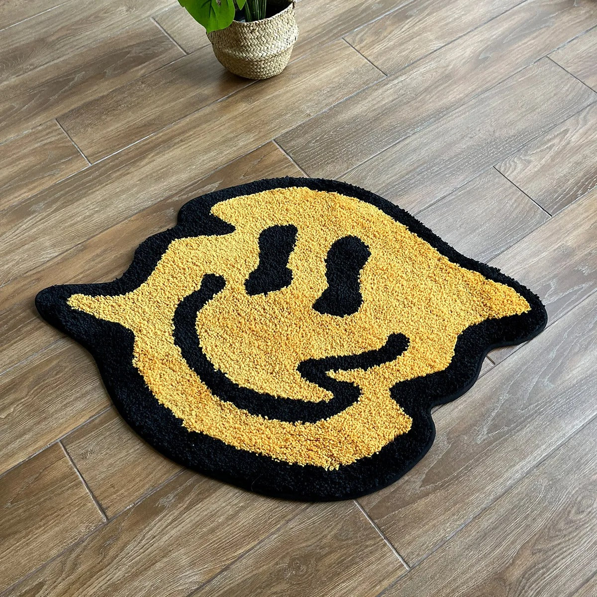 Black Yellow Trippy Smiling Face Tufted Rug